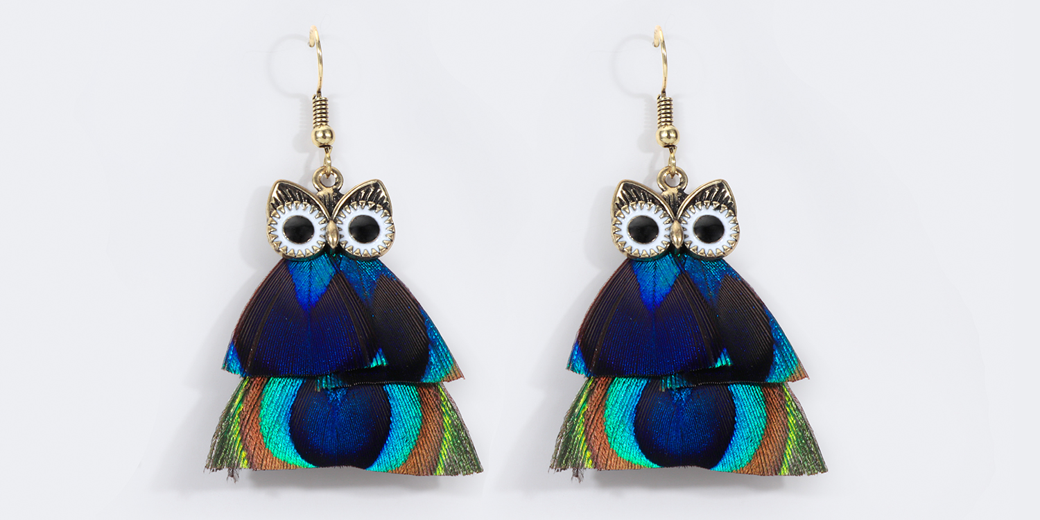 Vintage Owl Shaped Peacock Feather Earrings1