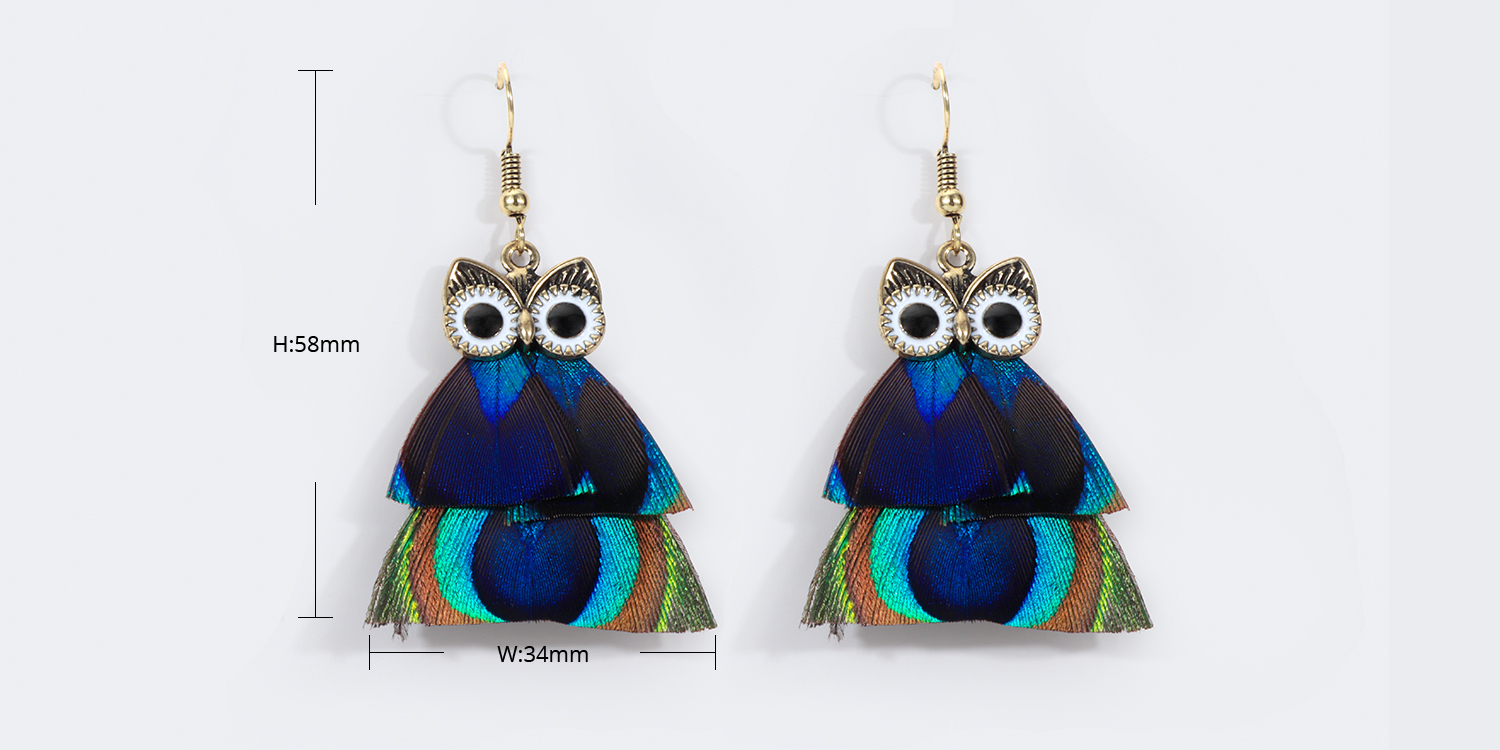Vintage Owl Shaped Peacock Feather Earrings2